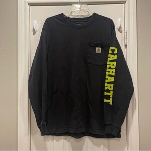 Carhartt Men's T Shirt Size Medium 100% Cotton Black Long Spell Out Sleeve Loose